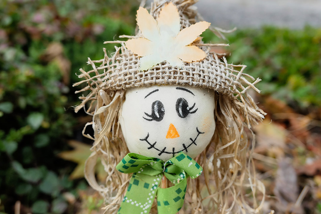 Scarecrow with ahppy face in garden