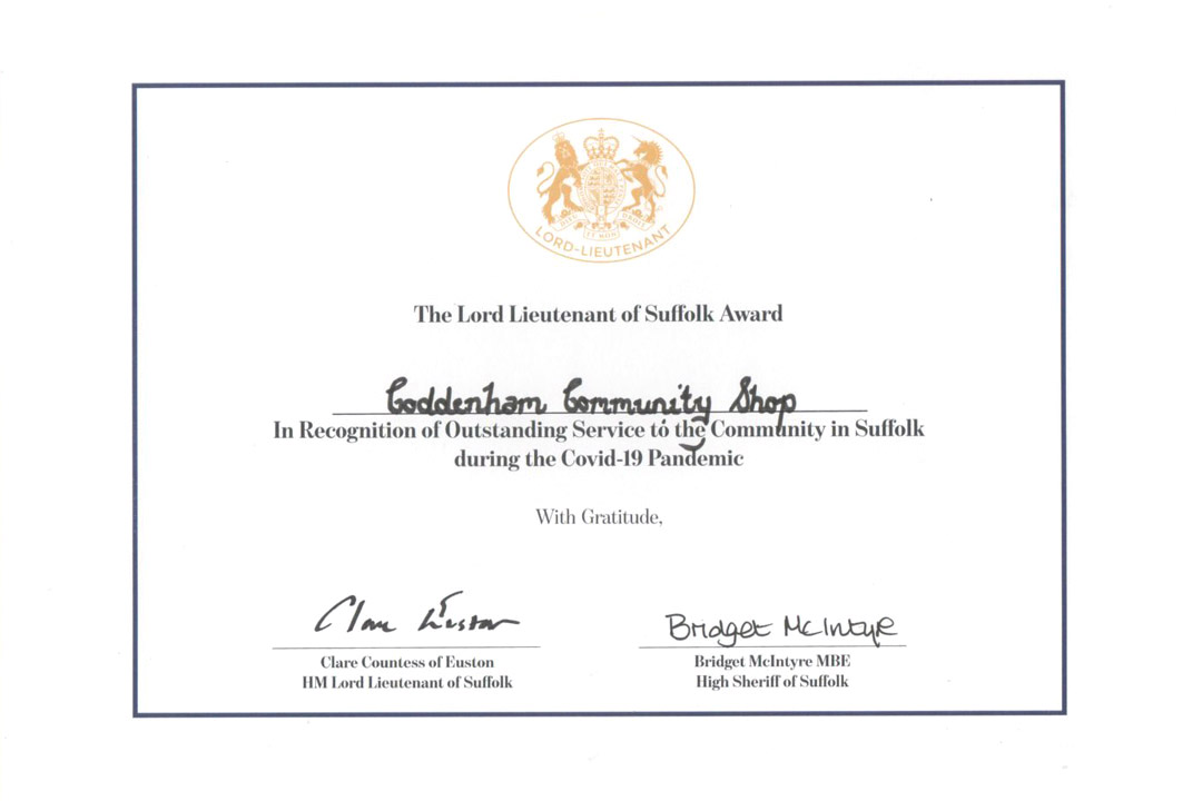 Suffolk Lord Lieutenant award certifacte for Coddenham Shop