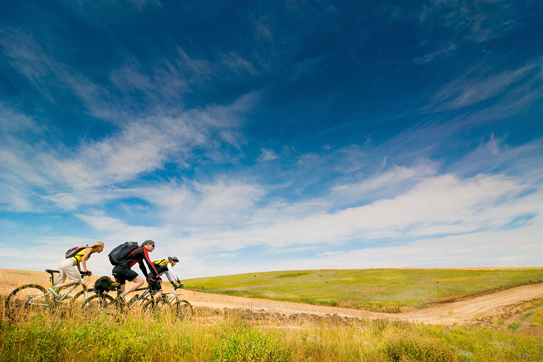 Thre cyclists on a cycleway with green fields and blue sky