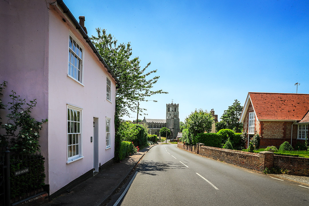 The view of St Mar's Church down Church Road Coddenham