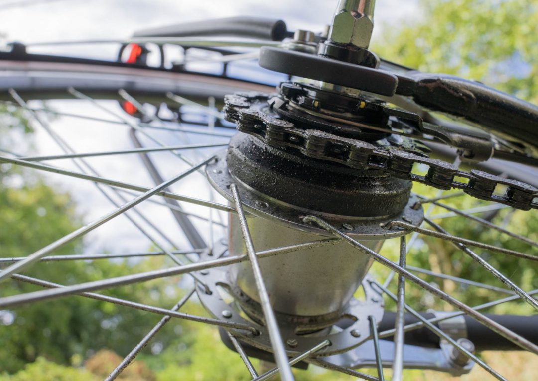 Bike wheel and chain close up